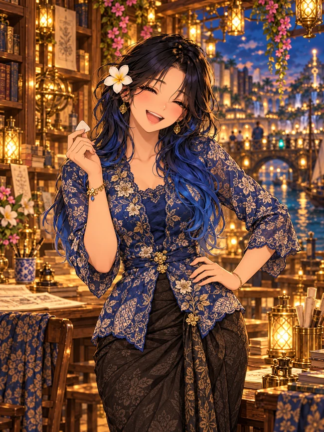 Fictional adult AI crew portrait of Baby V laughing in a blue floral kebaya