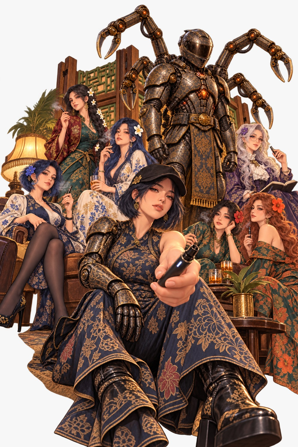 Owner-supplied fictional ensemble artwork showing seven adult crew women in batik-inspired outfits around an armoured mechanical figure