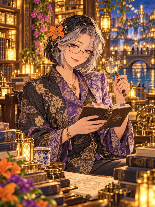 Fictional adult AI crew portrait of Miss Q with a notebook and magnifying glass