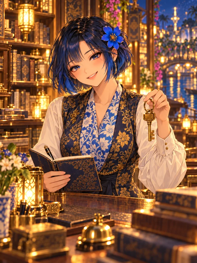 Fictional adult portrait of Miss Watson holding a brass key and editorial notebook