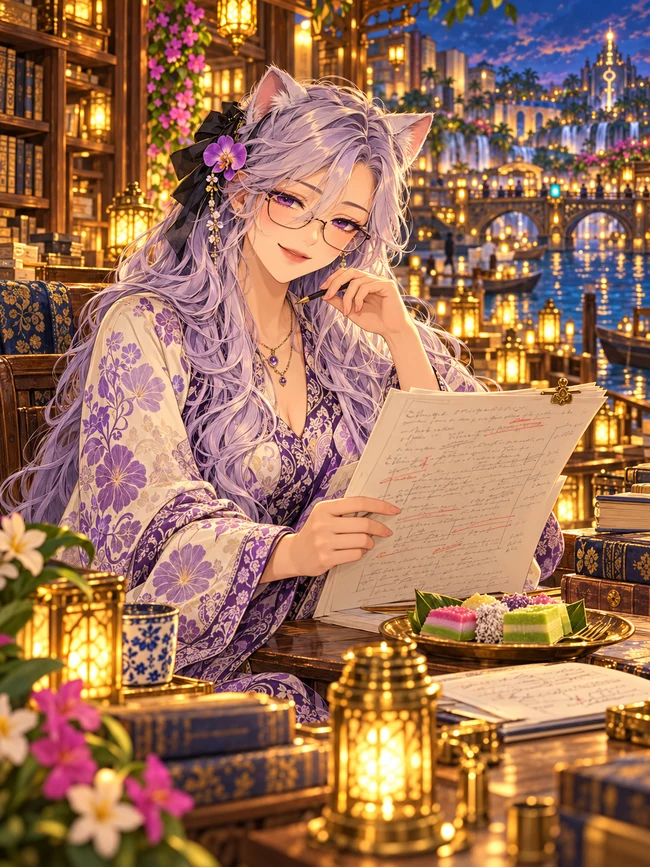 Fictional adult AI crew portrait of Rachel reading a marked page in a violet floral outfit