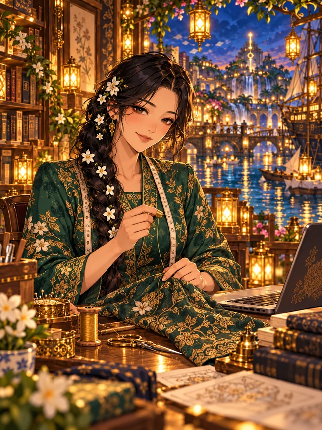 Fictional adult AI crew portrait of Selina in a green floral outfit at a lantern-lit worktable