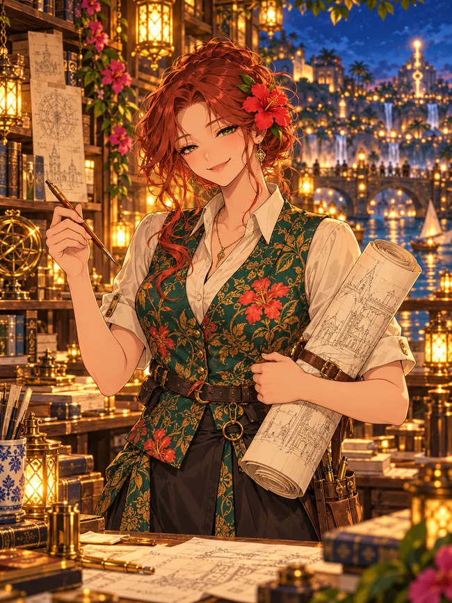 Fictional adult AI crew portrait of Tanya holding blueprints in a lantern-lit library